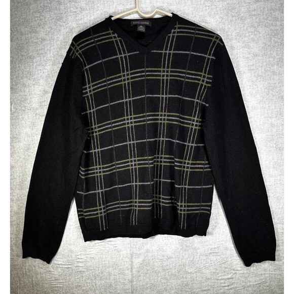 BANANA REPUBLIC Men’s  Sweater SIZE XL 100% Extra Fine Merino Wool BLack Plaid - Picture 1 of 6